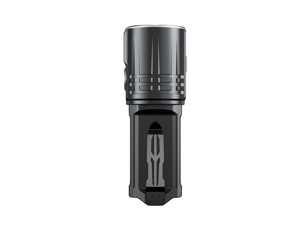 Fenix LR36R Searching Flashlight as viewed from the side, showing the pocket clip