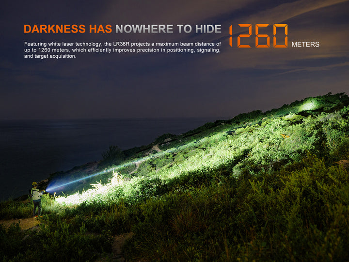 A photo showing the long reaching beam of the Fenix LR36R Searching Flashlight 