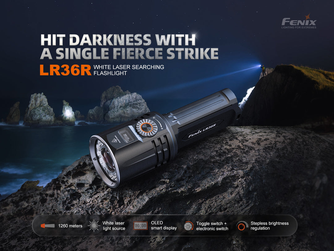 Fenix LR36R Searching Flashlight on stone with a searching person shing a far reaching beam in the background