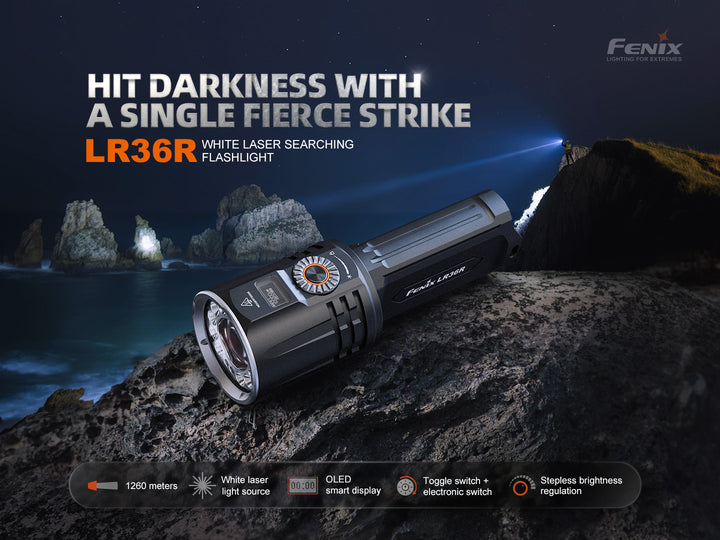 Fenix LR36R Searching Flashlight on stone with a searching person shing a far reaching beam in the background