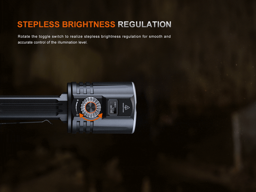 A GIF showing the stepless brightness regulation of the Fenix LR36R Searching Flashlight 