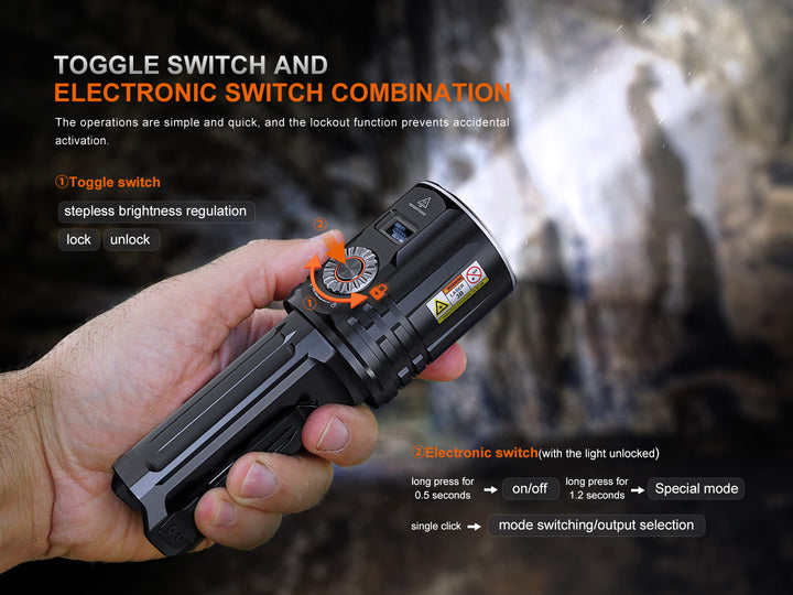 Fenix LR36R Searching Flashlight held in hand with graphics detailing the use of its rotary electric switch