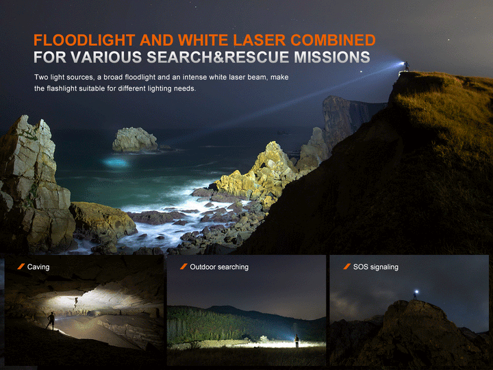 A series of photos showing the uses of the Fenix LR36R Searching Flashlight 