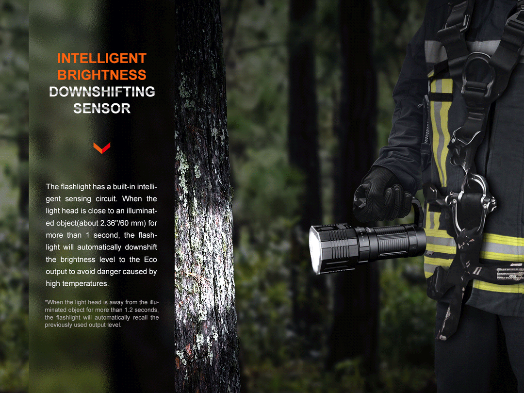 A GIF displaying the intelligent brightness downshift feature of the Fenix LR60R Rotary Switch Searchlight 