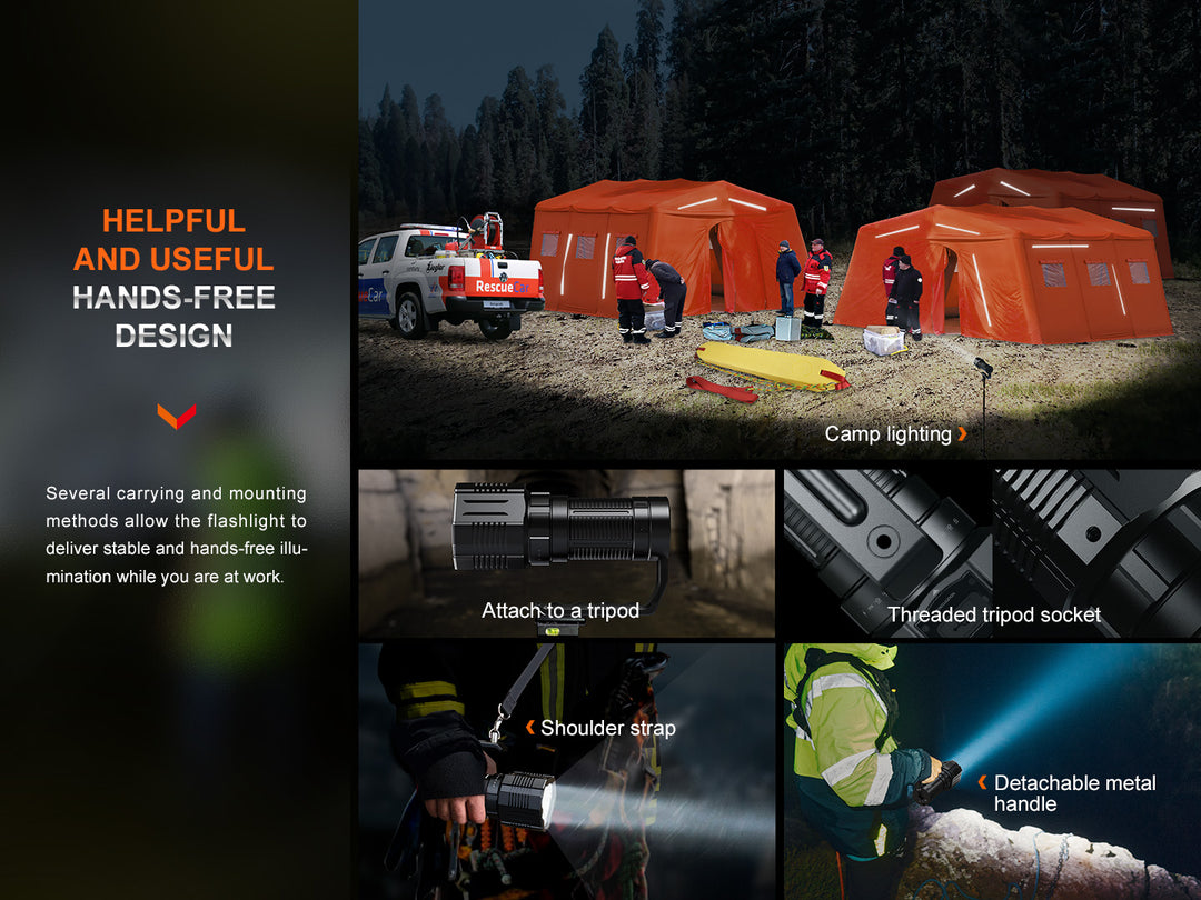 Several photos showing the Fenix LR60R Rotary Switch Searchlight used with additional accessories