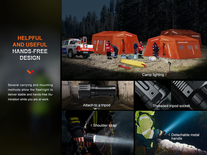 Several photos showing the Fenix LR60R Rotary Switch Searchlight used with additional accessories