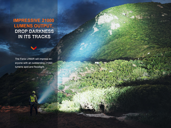 Fenix LR60R Rotary Switch Searchlight lighting up a large cliff side