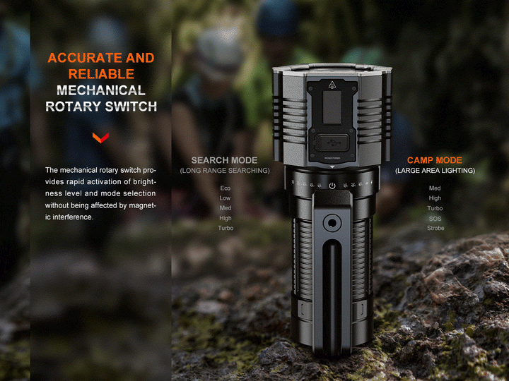 A GIF showing the rotary switch of the Fenix LR60R Rotary Switch Searchlight 