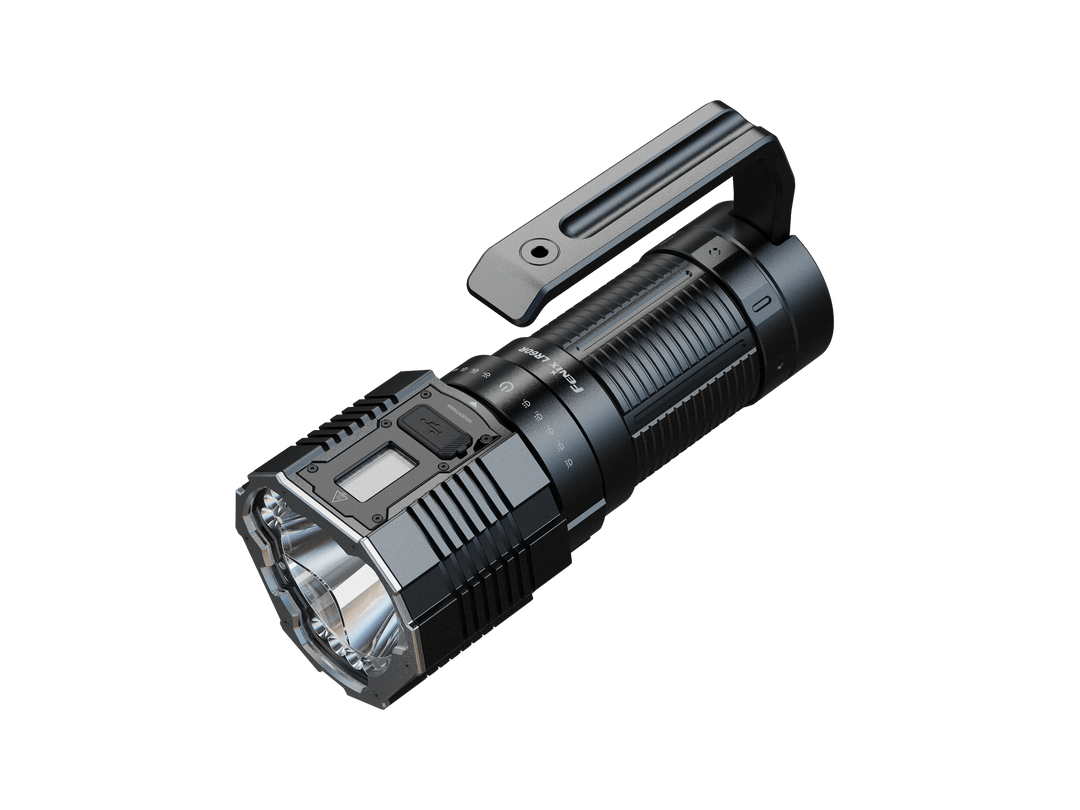 A black Fenix LR60R Rotary Switch Rechargeable Searchlight with a visible beam of light, showcasing its powerful illumination.