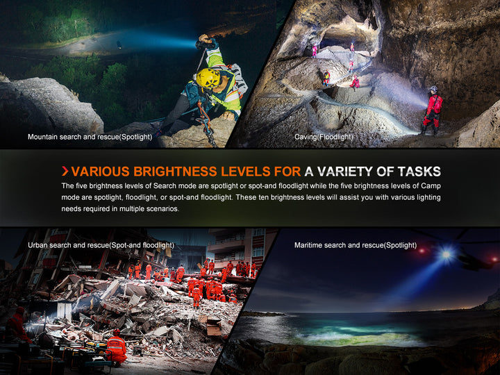 Several photos showing different uses of the Fenix LR60R Rotary Switch Searchlight 