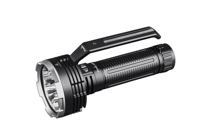 A black Fenix LR80R rechargeable LED searchlight with a handle and multiple LED lights visible at one end.