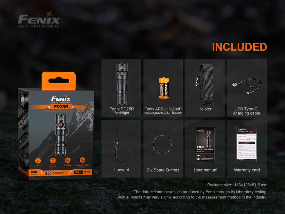 Fenix PD25R rechargeable LED flashlight in packaging with included accessories