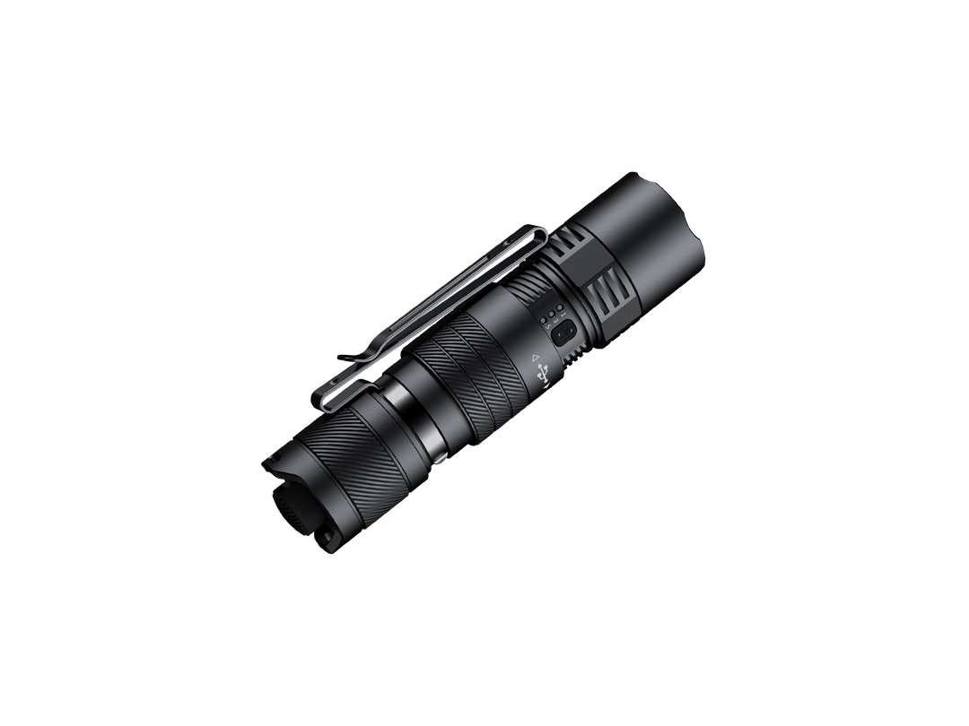 Black Fenix PD26R ACE Customizable Compact Flashlight on a black background