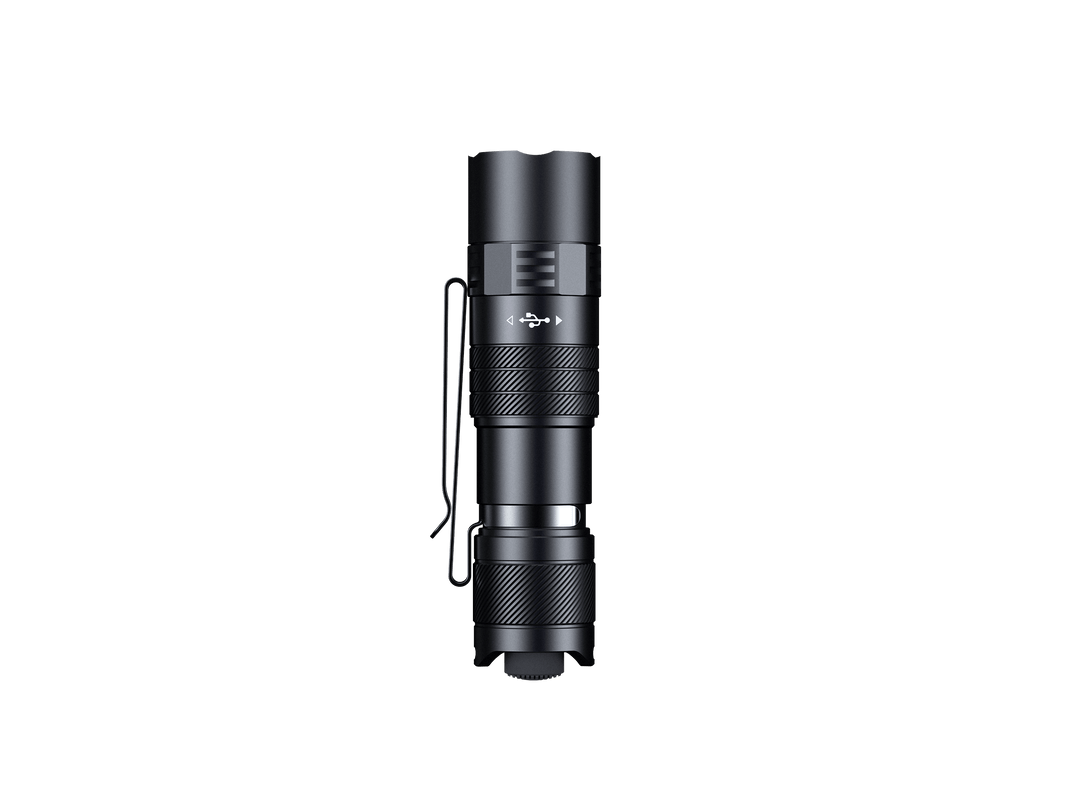 Black Fenix PD26R ACE Customizable Compact Flashlight on a black background