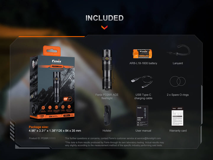 Fenix PD26R ACE flashlight packaging with included items listed on a dark background