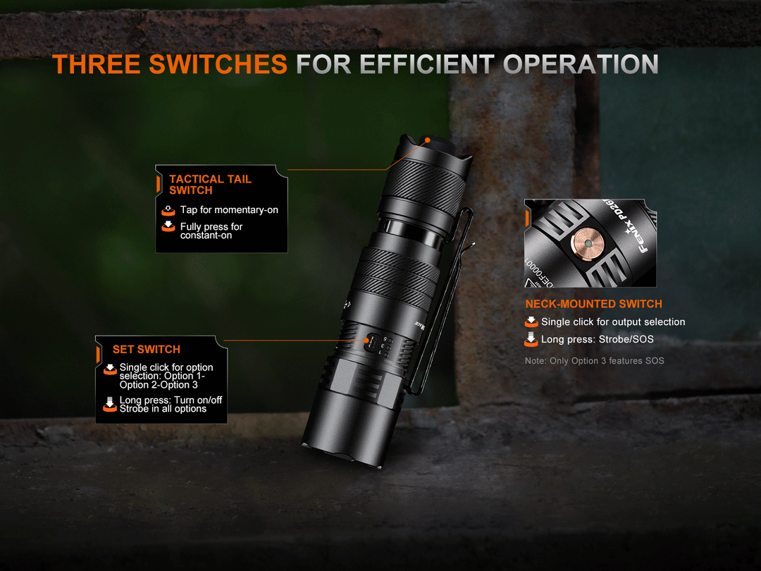 A GIF showing the different switches for the Fenix PD26R ACE Customizable Compact Flashlight 