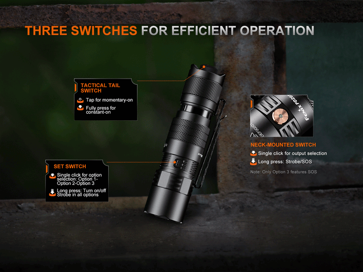 A GIF showing the different switches for the Fenix PD26R ACE Customizable Compact Flashlight 