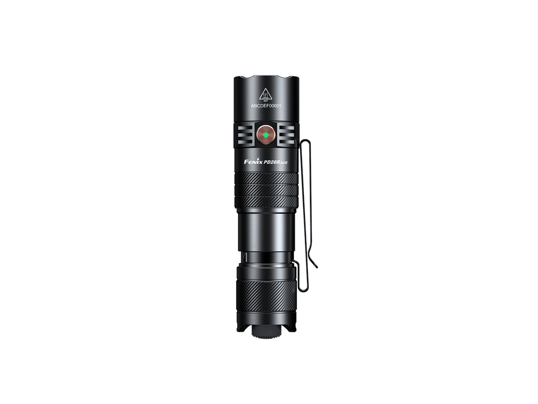 Black Fenix PD26R ACE Customizable Compact Flashlight with visible branding on a black background