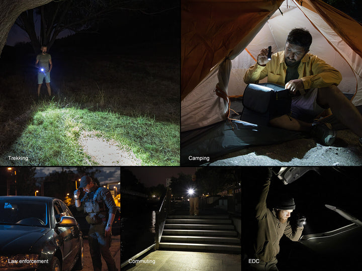 Collage of a person using a Fenix PD26R ACE Customizable Compact Flashlight in various settings including camping, law enforcement, and commuting.