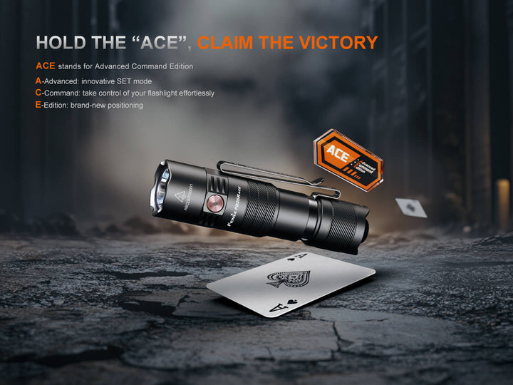 Fenix PD26R ACE Customizable Compact Flashlight with 'ACE' branding on a dark background