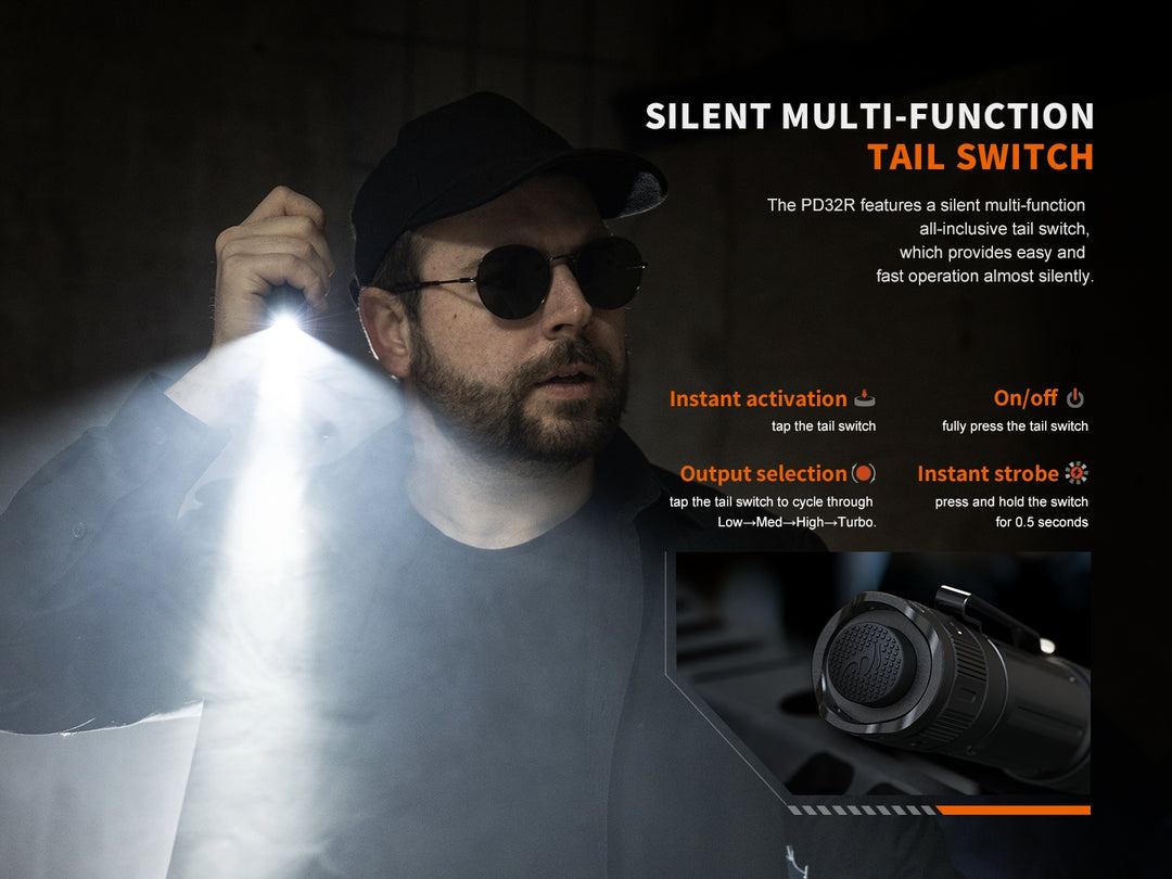 Fenix PD32R Flashlight held in a reverse grip showing the tail cap switch