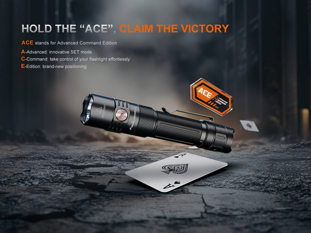 Fenix PD35R ACE Customizable Flashlight with 'ACE' branding on a dark background