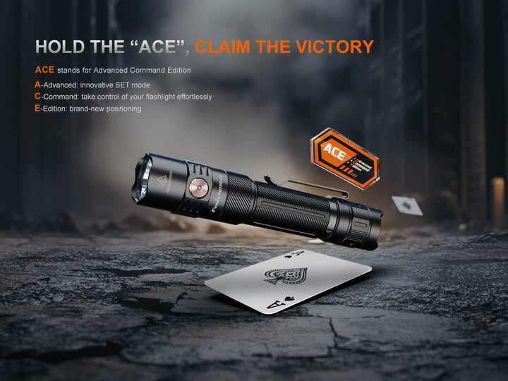 Fenix PD35R ACE Customizable Flashlight with 'ACE' branding on a dark background