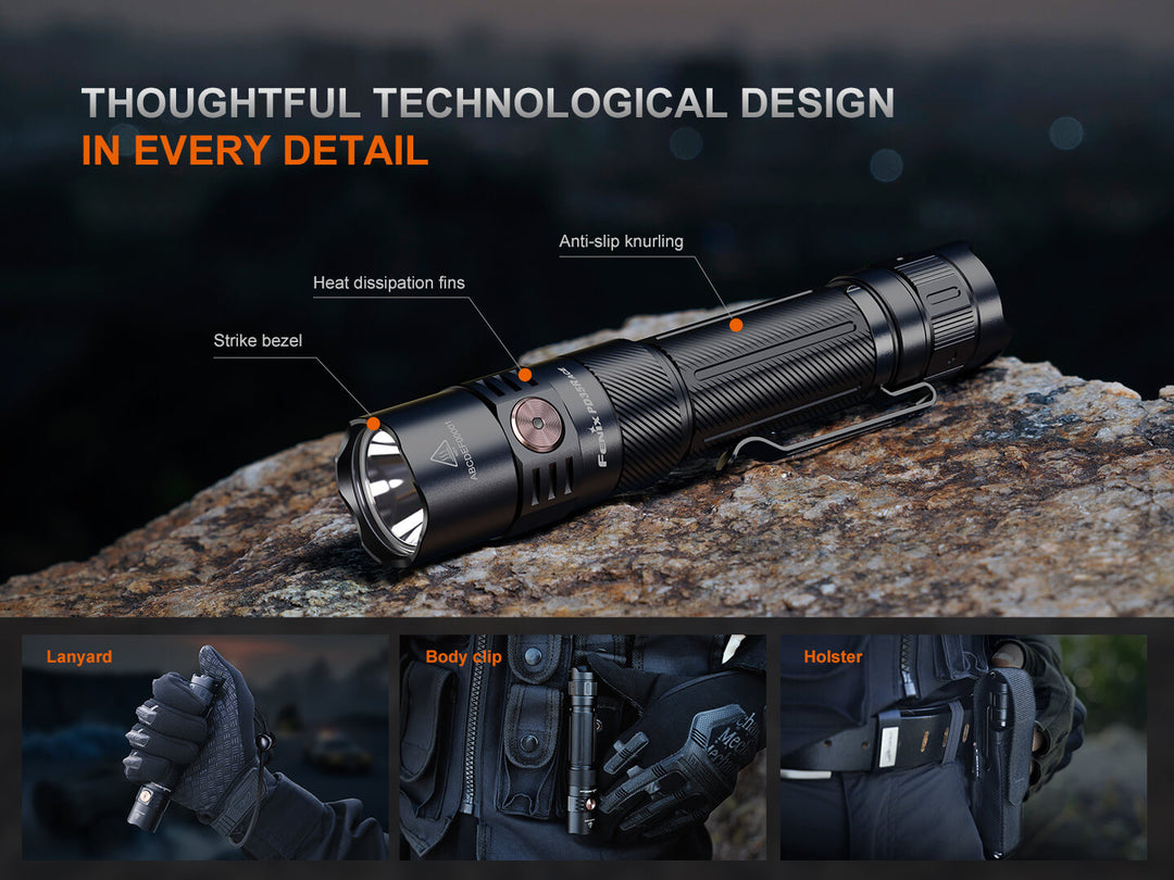 Black Fenix PD35R ACE Customizable Flashlight on a rock with labeled features and additional images of gear below.