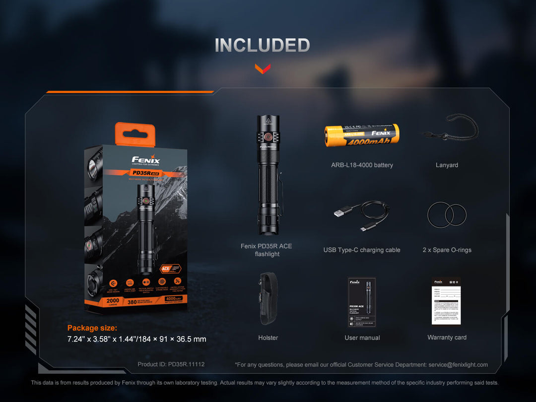 Product packaging with Fenix PD35R ACE flashlight and included items on a dark background