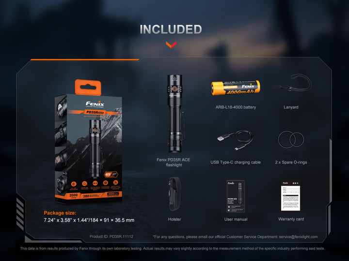 Product packaging with Fenix PD35R ACE flashlight and included items on a dark background
