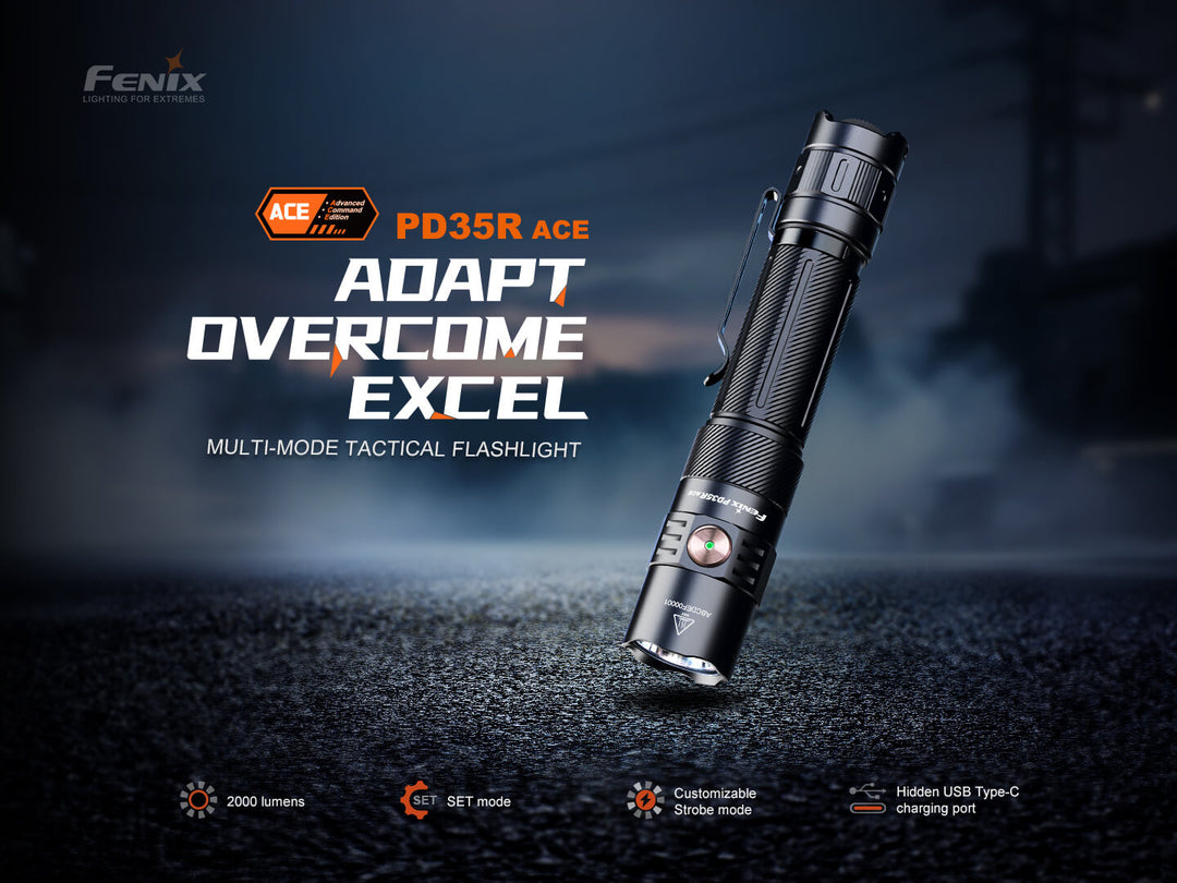 Fenix PD35R ACE tactical flashlight on a dark background with brand logo and product features.