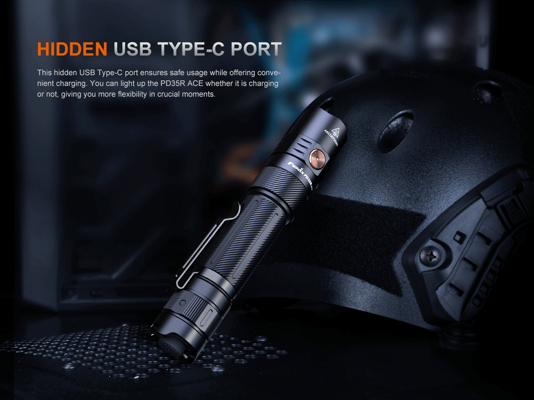 A GIF showing the hidden charging port of the Fenix PD35R ACE Customizable Flashlight being revealed