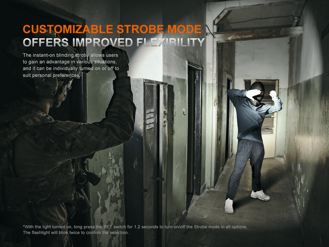 A GIF showing the Fenix PD35R ACE Customizable Flashlight's strobe function used in a tactical situation