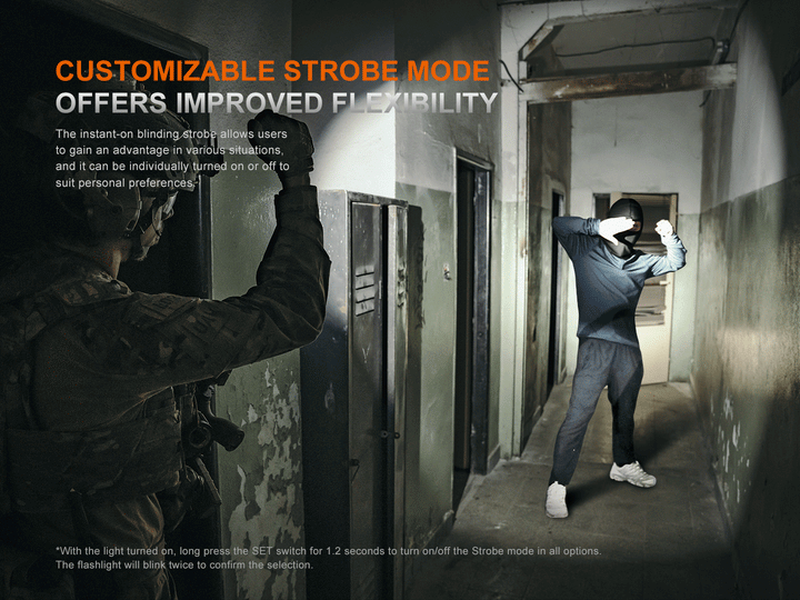 A GIF showing the Fenix PD35R ACE Customizable Flashlight's strobe function used in a tactical situation