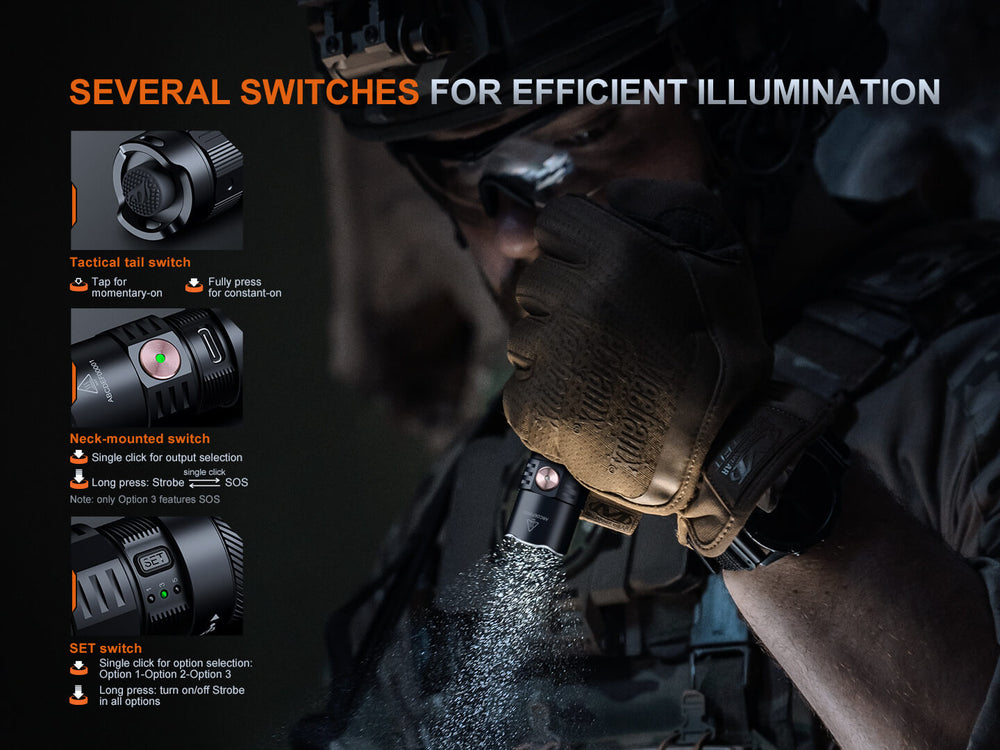 Person holding a Fenix PD35R ACE Customizable Flashlight with switch options highlighted, wearing tactical gear.