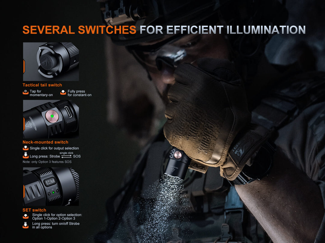 Person holding a Fenix PD35R ACE Customizable Flashlight with switch options highlighted, wearing tactical gear.