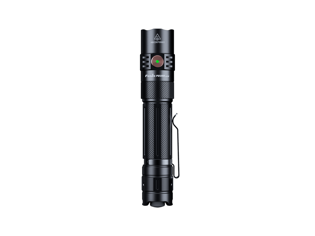 Black Fenix PD35R ACE Customizable Flashlight on a black background