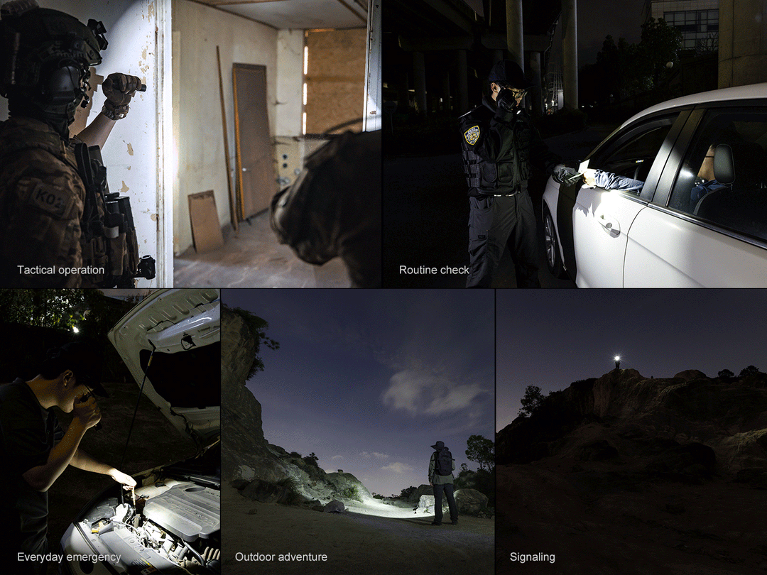 Several photos and a GIF showing the Fenix PD35R ACE Customizable Flashlight being used in a variety of scenarios