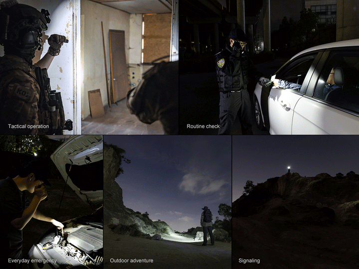 Several photos and a GIF showing the Fenix PD35R ACE Customizable Flashlight being used in a variety of scenarios