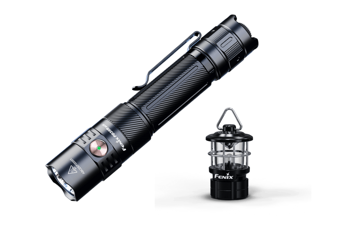 Black Fenix PD35R ACE flashlight on a black background with CL01 lantern
