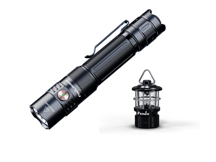 Black Fenix PD35R ACE flashlight on a black background with CL01 lantern