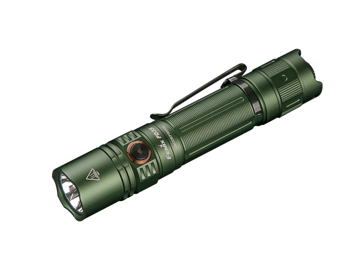 Fenix PD35 V3 flashlight in green, with metal accents and LED lights visible.