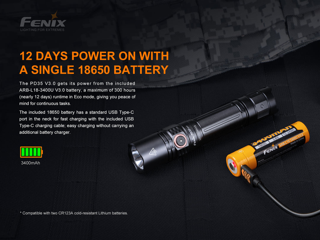 Fenix PD35 V3 flashlight with battery being recharged by USB cable