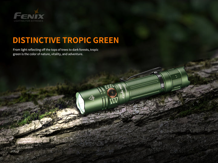 Fenix PD35 V3 flashlight in green on bark