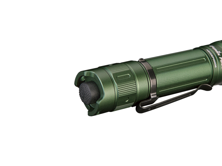 Fenix PD35 V3 flashlight in green, showing the tail cap
