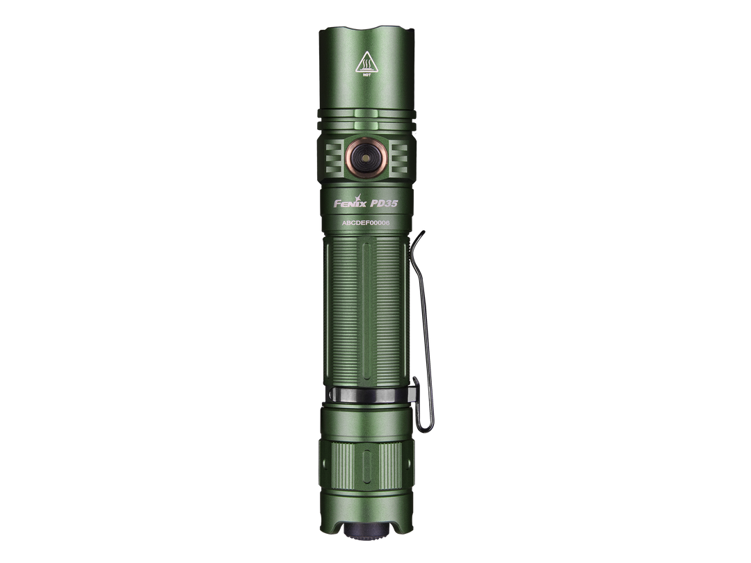 Fenix PD35 V3 flashlight in green as viewed from above
