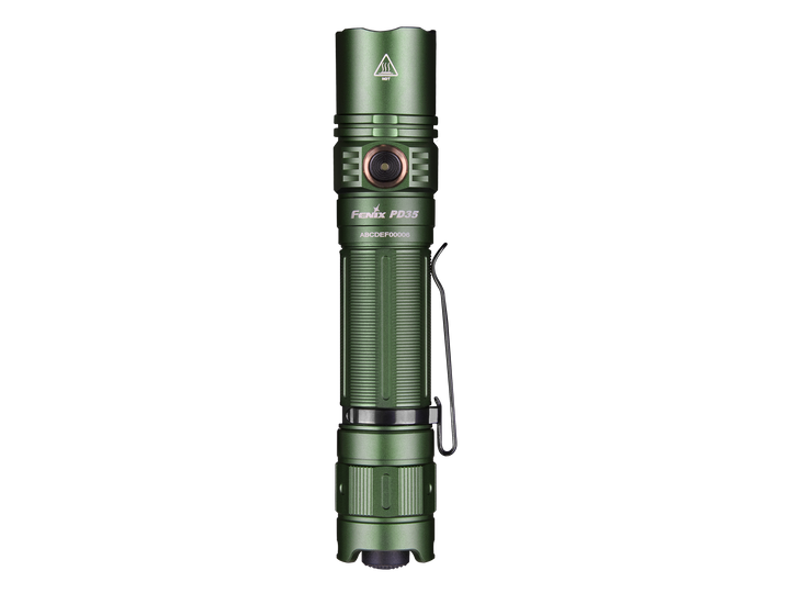 Fenix PD35 V3 flashlight in green as viewed from above