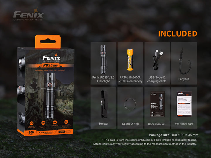 Fenix PD35 V3 flashlight in packaging with included accessories