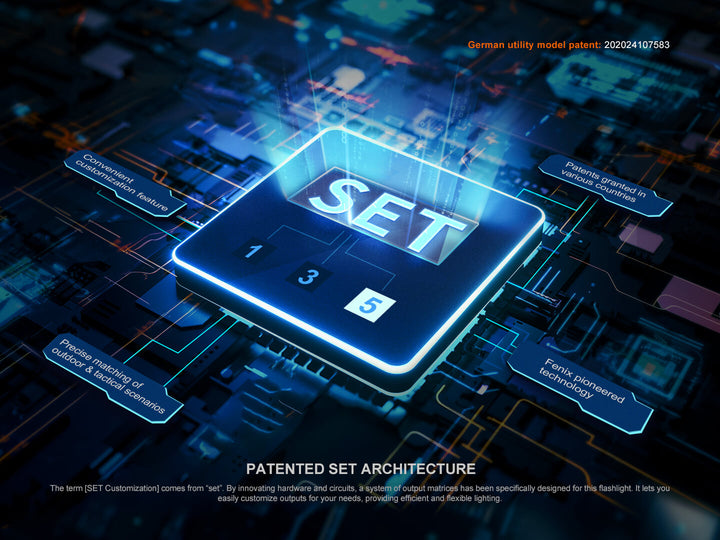 Neon blue 'SET' chip on a circuit board with digital text