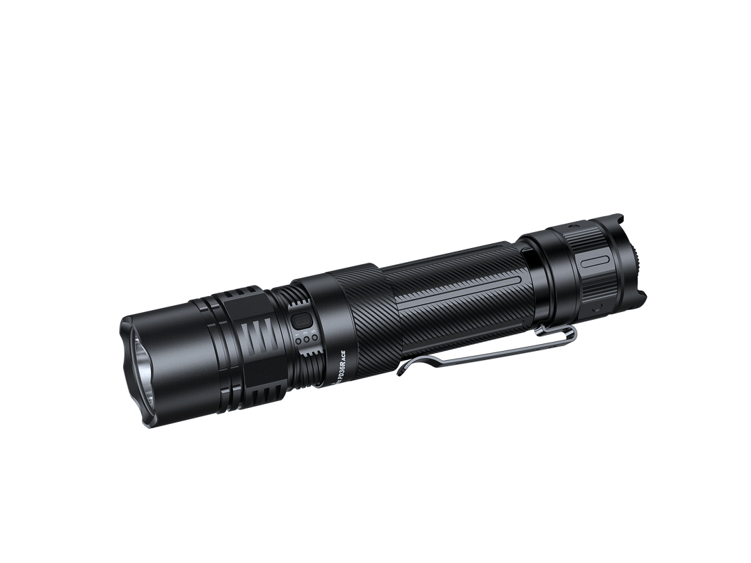 Black Fenix PD36R ACE flashlight on a black background